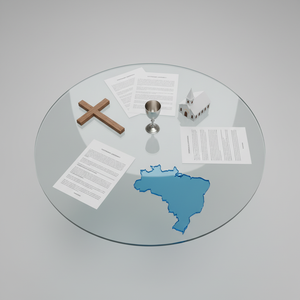 An overhead photographic view of a round glass table where several distinct church ministry symbols—wooden cross, small silver chalice, miniature church building, and a stylized map of Pernambuco cut from blue acrylic—are carefully arranged in a harmonious circle. Between them lie neatly printed partnership agreements and support program outlines. Soft studio lighting from above creates subtle reflections on the glass and a clean, shadow halo around each object. The background is a smooth, light grey surface, reinforcing a neutral, professional mood. Photographic realism with a minimalist, modern aesthetic, symbolizing unity, interdenominational cooperation, and structured collaboration among evangelical ministers in Pernambuco under a single, supportive association.