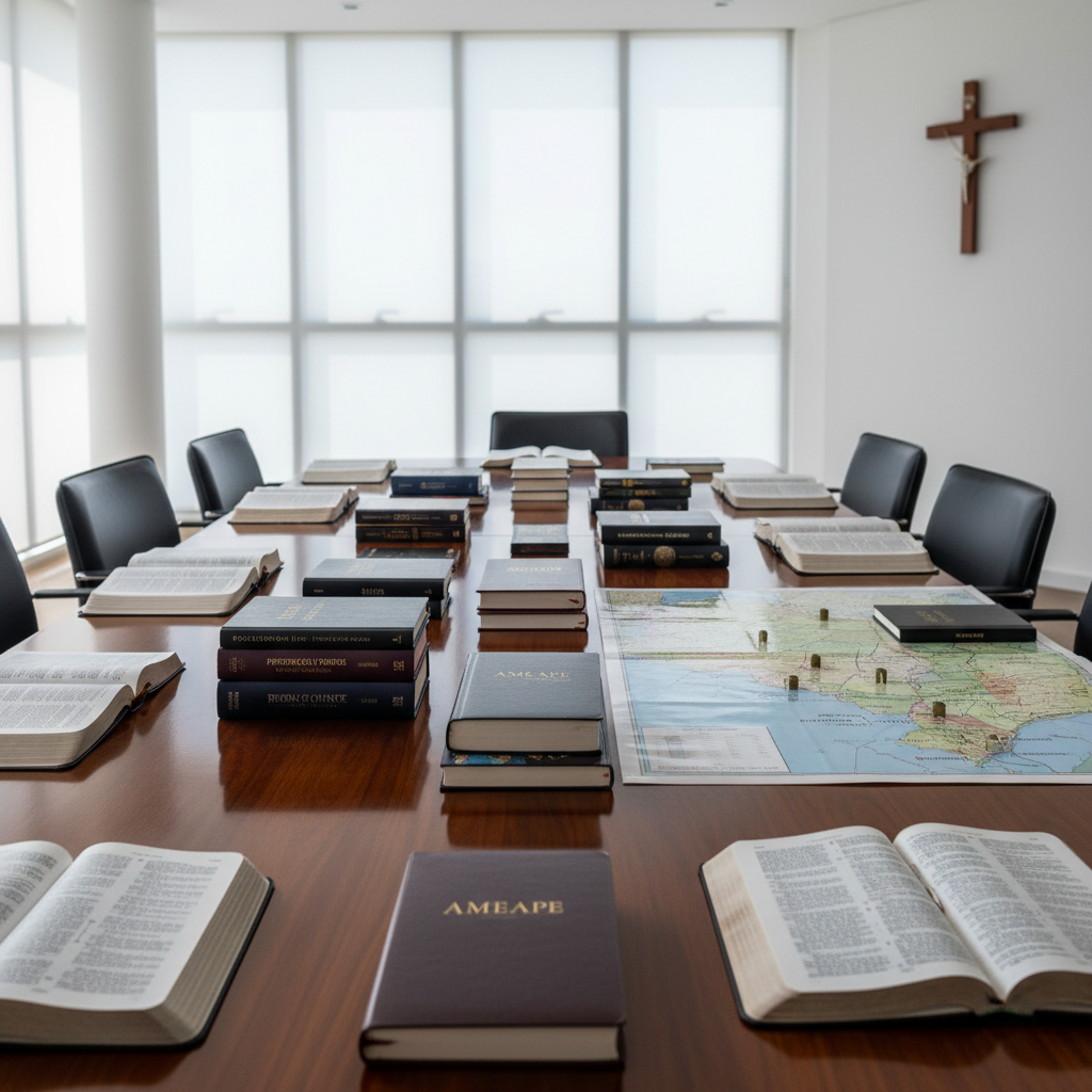 A polished wooden conference table in a bright, modern meeting room, covered with open Bibles, neatly stacked theological books, and leather-bound notebooks embossed with the initials “AMEAPE.” A detailed map of the state of Pernambuco is spread across one side, with small metallic markers highlighting different cities. Soft daylight enters through large frosted windows, creating gentle reflections on the table’s varnished surface and subtle shadows around the objects. The atmosphere feels professional, organized, and spiritually focused. Photographic realism, shot at eye level with a shallow depth of field, keeping the central items crisp while the background of clean white walls and a discreet cross on the wall falls into a soft blur, conveying unity and coordination among evangelical ministers.