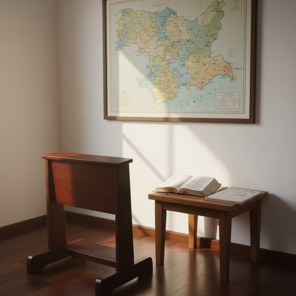 A serene prayer room corner with a simple wooden kneeler, a small table holding an open Bible in Portuguese, and a discreet notebook labeled “Intercessão pelos Ministros de Pernambuco.” A detailed map of Pernambuco, printed in muted blues and earth tones, hangs neatly framed on the wall above, with small highlighted points indicating cities. Gentle afternoon light filters in from an unseen window, casting soft diagonal shadows across the wall and floor, creating a peaceful, contemplative mood. Photographic realism, shot at eye level with a slightly shallow depth of field, emphasizing the Bible and notebook, while the map and surroundings remain softly focused, illustrating spiritual support and intercession for evangelical ministers throughout the state.