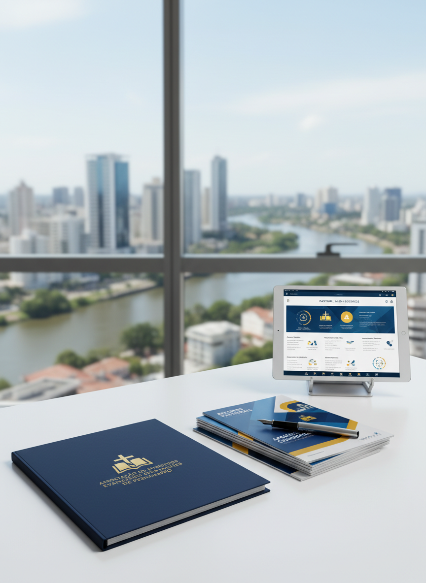 An elegantly designed navy-blue folder embossed with the golden logo of a Christian ministers’ association from Pernambuco rests on a clean white desk. Around it are high-quality printed brochures, a silver pen, and a tablet displaying a modern, minimalist dashboard of church support resources. Behind the desk, a large window reveals a softly blurred cityscape of Recife’s skyline. Natural diffused daylight fills the room, creating a calm, professional glow with delicate shadows. The composition uses the rule of thirds, focusing on the logo and documents. Photographic realism with a corporate yet warm aesthetic, highlighting organization, transparency, and structured support for evangelical ministers across the state.