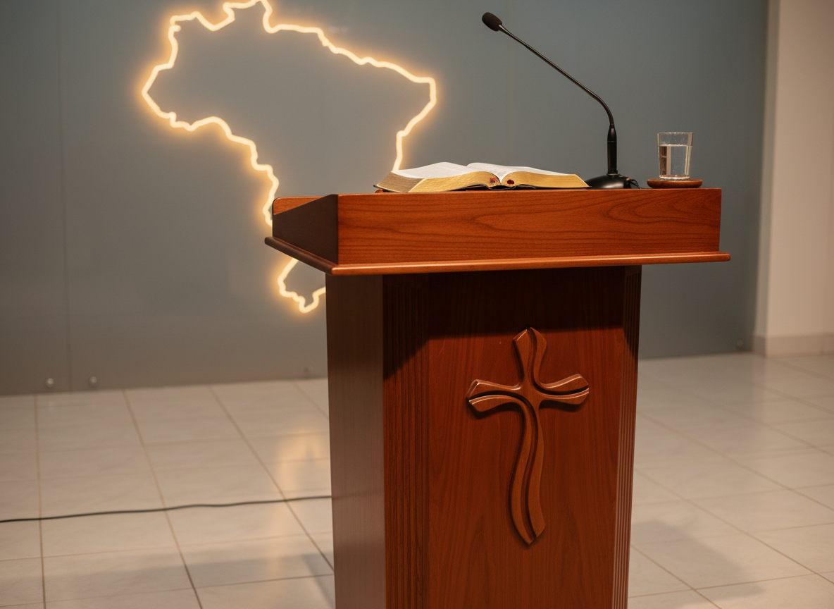 A detailed close-up of a polished wooden pulpit with a finely carved cross on its front panel, standing on a light-colored tiled floor in a contemporary church interior. On top, an open Portuguese Bible with gold-edged pages lies beside a sleek microphone and a glass of water. In the softly blurred background, a map outline of Pernambuco glows subtly on a frosted glass panel. Warm, even stage lighting illuminates the pulpit, creating gentle highlights on the wood grain and soft shadows beneath. Shot from a slightly low angle to emphasize significance, in photographic realism, the mood is reverent yet practical, symbolizing the daily ministry work supported and strengthened by the association.