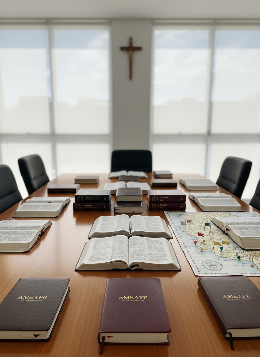 A polished wooden conference table in a bright, modern meeting room, covered with open Bibles, neatly stacked theological books, and leather-bound notebooks embossed with the initials “AMEAPE.” A detailed map of the state of Pernambuco is spread across one side, with small metallic markers highlighting different cities. Soft daylight enters through large frosted windows, creating gentle reflections on the table’s varnished surface and subtle shadows around the objects. The atmosphere feels professional, organized, and spiritually focused. Photographic realism, shot at eye level with a shallow depth of field, keeping the central items crisp while the background of clean white walls and a discreet cross on the wall falls into a soft blur, conveying unity and coordination among evangelical ministers.