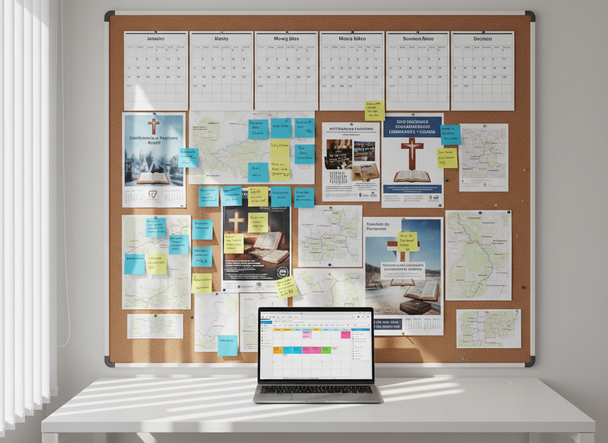 A large, wall-mounted corkboard in a bright office, meticulously filled with printed calendars, event posters, and color-coded notes representing evangelical minister meetings throughout Pernambuco. Small map cutouts of different regions are pinned with metallic pushpins, each labeled with tidy handwriting. A modern laptop sits on a simple white table beneath the board, showing an organized schedule interface. Soft, indirect daylight from a side window washes the scene with a neutral, professional tone, casting faint, orderly shadows. Photographic realism, shot from a slightly elevated angle with sharp focus throughout, communicates careful planning, coordination, and ongoing support for ministers’ conferences, retreats, and training events across the state.