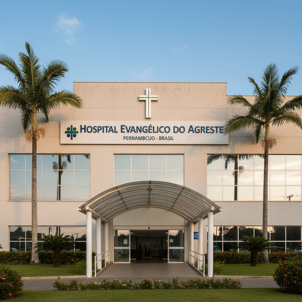 Fachada do Hospital Evangélico do Agreste, em Pernambuco, em estilo institucional, com entrada principal visível, placa com o nome do hospital, céu claro, foto nítida, profissional, tom acolhedor e cristão, com cruz discreta na fachada