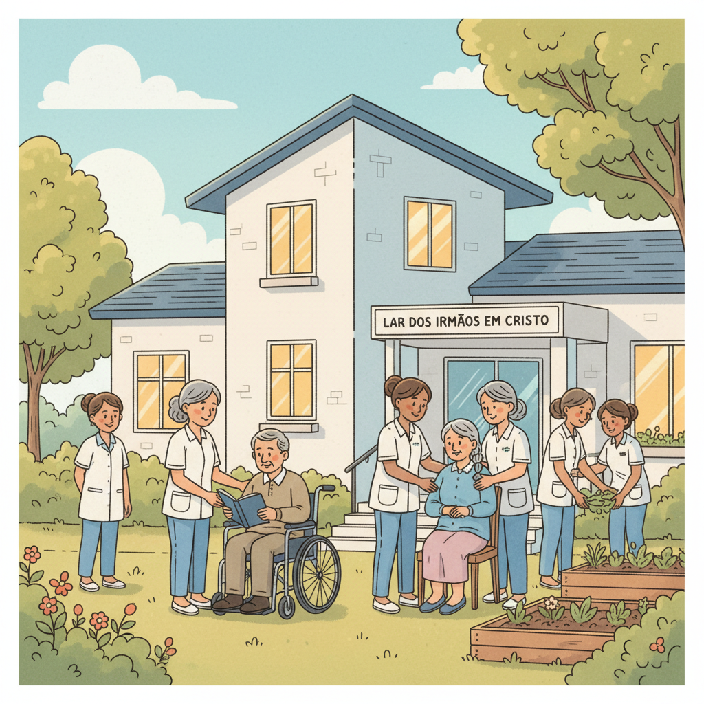 Ilustração acolhedora de uma casa de asilo para irmãos carentes, com prédio limpo, jardim simples, pessoas idosas sendo cuidadas com carinho, clima de solidariedade cristã e esperança, luz suave e cores amigáveis.