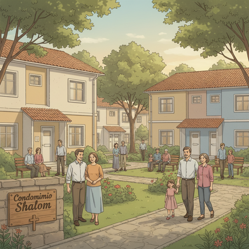 Ilustração realista e acolhedora de um condomínio residencial chamado "Condomínio Shalom", com prédios baixos e bem cuidados, jardim simples com árvores e bancos, famílias e casais de pastores e obreiros caminhando e conversando em clima de paz, detalhes discretos cristãos como uma pequena cruz em uma placa na entrada, iluminação suave de fim de tarde, cores harmoniosas e serenas, atmosfera de moradia digna e solidária para pastores e obreiros carentes, estilo visual coerente com as outras imagens institucionais do site da AMEAPE.